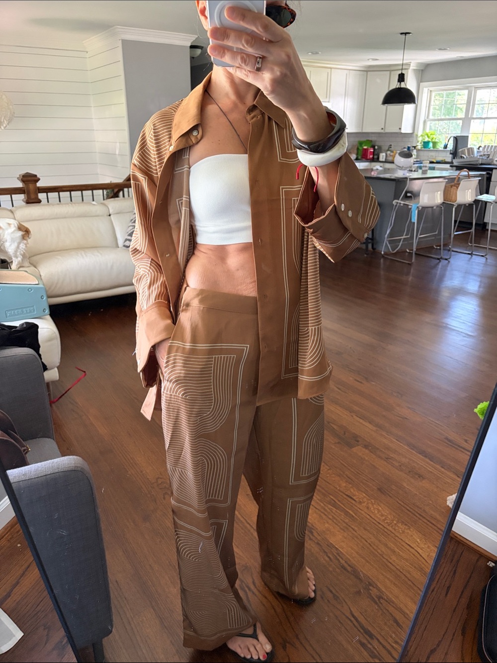 Geometric-Print Long sleeve Shirt and Wide-Leg Pants in Warm Brown set